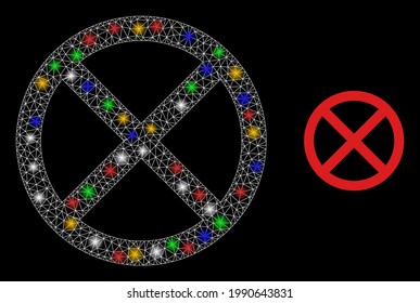 Parada de la red de malla brillante con coloridos puntos brillantes. Marco vectorial de constelación creado a partir del símbolo de parada. Parada poligonal de la constelación espumosa, sobre un fondo negro.