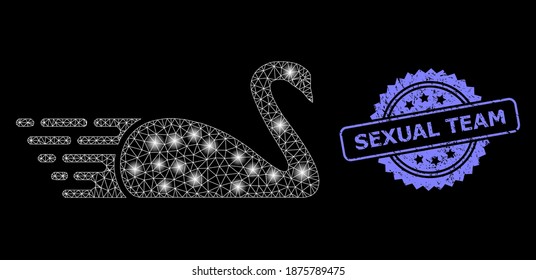 Glowing mesh web swan with lightspots, and Sexual Team unclean rosette seal imitation. Illuminated vector model created from swan icon. Blue stamp seal has Sexual Team tag inside rosette.
