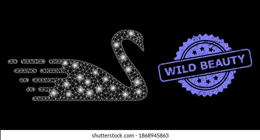 Glühender Maschenschwan mit leuchtenden Flecken und schmutziger Rosette-Robbendruck von Wild Beauty. Illuminiertes Vektormodell, das aus dem Swan-Symbol erstellt wurde. Das blaue Siegel hat das Wild Beauty-Tag in Rosette.