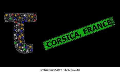 Glowing mesh web Tau Greek lowercase letter with multi colored glowing spots, and grunge Corsica, France badge. Green stamp has Corsica, France title inside framed rectangle.