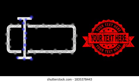 Glowing mesh web text field with glowing spots, and Your Text Here unclean ribbon seal imitation. Red stamp contains Your Text Here tag inside ribbon.