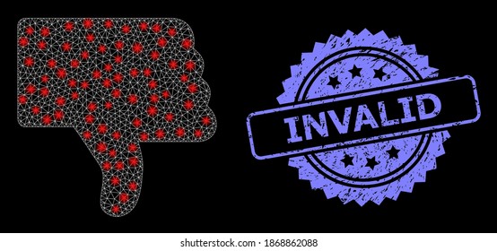 El pulgar de la red de malla brillante hacia abajo con puntos brillantes y el sello de rosette de grunge no válido. Modelo vectorial iluminado creado a partir del icono de abajo. El sello azul tiene texto no válido dentro de la roseta.