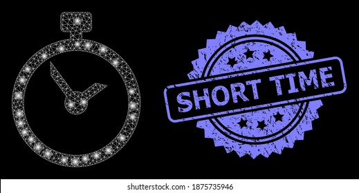 Glowing mesh web time with glowing spots, and Short Time corroded rosette stamp. Illuminated vector model created from time icon. Blue stamp includes Short Time text inside rosette.