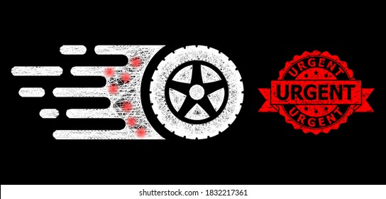 Glowing mesh web tire wheel with glowing spots, and Urgent textured ribbon stamp. Red stamp seal has Urgent tag inside ribbon. Illuminated vector model created from tire wheel icon with white mesh.