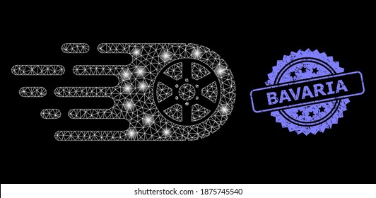 Glowing mesh web tire wheel with glowing spots, and Bavaria scratched rosette stamp. Illuminated vector model created from tire wheel icon. Blue stamp seal has Bavaria text inside rosette.