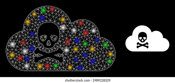 Gas tóxico de malla brillante con nodos de flash coloridos. Estructura vectorial de constelación creada a partir del pictograma de gas tóxico. La espuma de la constelación de la malla de gas tóxico, sobre un fondo negro.