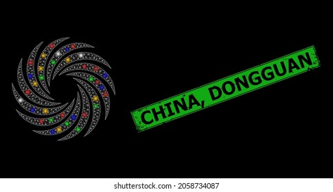 Glowing mesh web turbine rotation with vibrant flash nodes, and grunge China, Dongguan stamp. Green stamp seal includes China, Dongguan title inside framed rectangle.