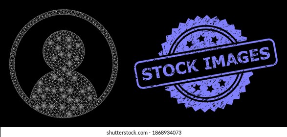 Glowing mesh web user portrait with glowing spots, and Stock Images scratched rosette watermark. Illuminated vector constellation created from user portrait icon.