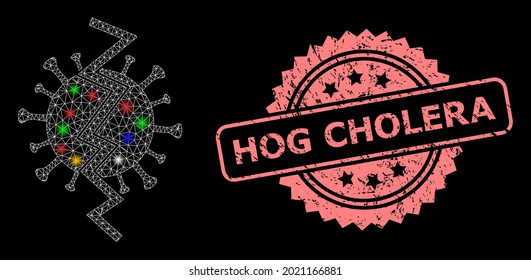 Glowing mesh web virus break with flash nodes, and Hog Cholera corroded rosette stamp seal. Illuminated vector mesh created from virus break pictogram.