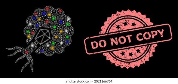 Virus de la red de malla brillante que infectan la célula con focos de luz, y No copiar la impresión del sello de rosette de goma. Malla vectorial iluminada creada a partir del símbolo de la célula infectante de virus.