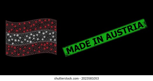 Glowing mesh web waving Austria flag with lightspots, and distress Made in Austria rectangle stamp seal. Green rectangle Made in Austria distress seal.