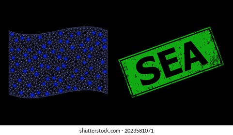 Glühende Maschenöffnung, blaue Fahne mit leuchtenden Flecken, gekratzte Seerechtseck-Siegel. Grünes Rechteck, Meereskratzung Robbe. Illuminiertes Vektormodell, das aus dem schwenkbaren Symbol für blaue Flagge erstellt wurde.