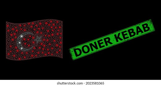 Red de malla brillante ondeando la bandera turca con puntos brillantes, y sello de sello del Doner Kebab en grunge. Rectángulo verde Doner Kebab sello grunge.