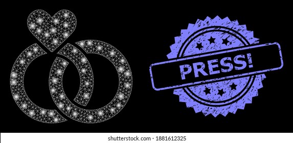 Glowing mesh web wedding rings with glowing spots, and Press Exclamation rubber rosette seal print. Illuminated vector model created from wedding rings icon. Blue seal has Press Exclamation title