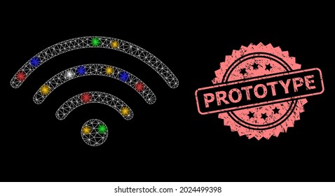 Glowing mesh web Wi-Fi source with light spots, and Prototype corroded rosette seal print. Illuminated vector mesh created from Wi-Fi source pictogram.