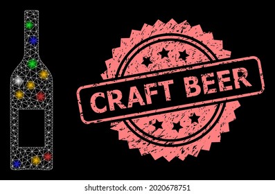 Glowing mesh web wine bottle with light dots, and Craft Beer scratched rosette seal imitation. Illuminated vector mesh created from wine bottle pictogram.