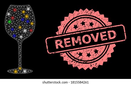 Glowing mesh web wine glass with lightspots, and Removed corroded rosette stamp seal. Illuminated vector mesh created from wine glass icon. Pink stamp seal includes Removed text inside rosette.