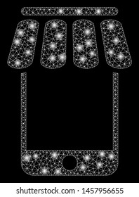 Glowing mesh webstore with glow effect. Abstract illuminated model of webstore icon. Shiny wire carcass triangular network webstore. Vector abstraction on a black background.
