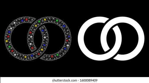 Glowing mesh wedding rings icon with glitter effect. Abstract illuminated model of wedding rings. Shiny wire carcass triangular mesh wedding rings icon. Vector abstraction on a black background.