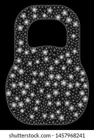 Glowing mesh weight iron with glare effect. Abstract illuminated model of weight iron icon. Shiny wire frame polygonal mesh weight iron. Vector abstraction on a black background.