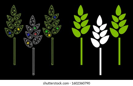 Glowing mesh wheat ears icon with glitter effect. Abstract illuminated model of wheat ears. Shiny wire carcass triangular mesh wheat ears icon. Vector abstraction on a black background.