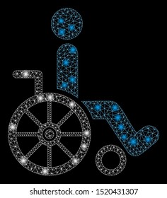 Glowing mesh wheelchair with glitter effect. Abstract illuminated model of wheelchair icon. Shiny wire carcass triangular mesh wheelchair. Vector abstraction on a black background.