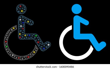 Glowing mesh wheelchair icon with lightspot effect. Abstract illuminated model of wheelchair. Shiny wire carcass triangular mesh wheelchair icon. Vector abstraction on a black background.