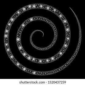 Glowing mesh whirl with sparkle effect. Abstract illuminated model of whirl icon. Shiny wire frame polygonal mesh whirl. Vector abstraction on a black background.