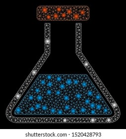 Glowing mesh wide retort with sparkle effect. Abstract illuminated model of wide retort icon. Shiny wire frame triangular mesh wide retort. Vector abstraction on a black background.