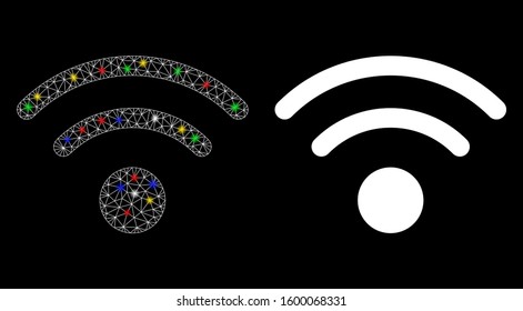 Glowing mesh Wi-Fi icon with lightspot effect. Abstract illuminated model of Wi-Fi. Shiny wire carcass triangular mesh Wi-Fi icon. Vector abstraction on a black background.
