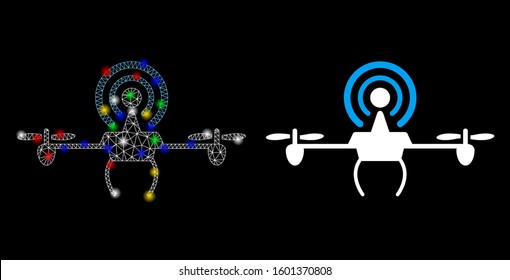 Glowing mesh WiFi repeater drone icon with glow effect. Abstract illuminated model of WiFi repeater drone. Shiny wire frame polygonal mesh WiFi repeater drone icon.