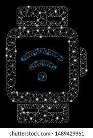 Glowing mesh Wi-Fi smart watches with sparkle effect. Abstract illuminated model of Wi-Fi smart watches icon. Shiny wire carcass polygonal network Wi-Fi smart watches.