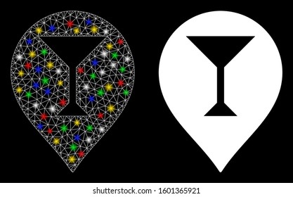 Glowing mesh wine bar marker icon with glow effect. Abstract illuminated model of wine bar marker. Shiny wire carcass triangular mesh wine bar marker icon. Vector abstraction on a black background.