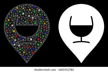Glowing mesh wine glass marker icon with glow effect. Abstract illuminated model of wine glass marker. Shiny wire frame triangular network wine glass marker icon.