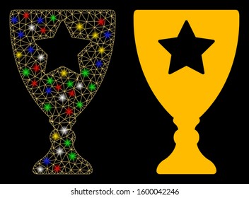 Glowing mesh winner cup icon with glare effect. Abstract illuminated model of winner cup. Shiny wire frame triangular mesh winner cup icon. Vector abstraction on a black background.