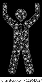 Glowing mesh winner hands up with sparkle effect. Abstract illuminated model of winner hands up icon. Shiny wire carcass polygonal mesh winner hands up. Vector abstraction on a black background.