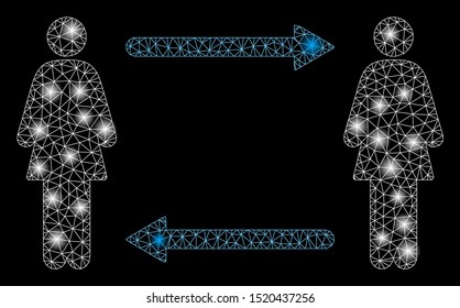 Glowing mesh women exchange arrows with sparkle effect. Abstract illuminated model of women exchange arrows icon. Shiny wire frame polygonal mesh women exchange arrows.