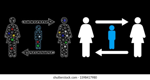 Glowing mesh women guy exchange icon with glare effect. Abstract illuminated model of women guy exchange. Shiny wire frame triangular network women guy exchange icon.