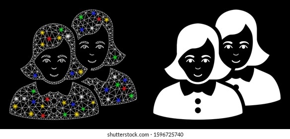 Glowing mesh women icon with glitter effect. Abstract illuminated model of women. Shiny wire frame triangular mesh women icon. Vector abstraction on a black background.