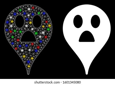 Glowing mesh wonder smiley map marker icon with lightspot effect. Abstract illuminated model of wonder smiley map marker. Shiny wire frame polygonal mesh wonder smiley map marker icon.