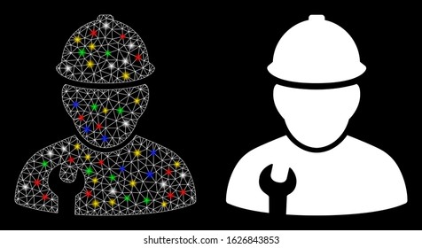 Glowing mesh worker icon with sparkle effect. Abstract illuminated model of worker. Shiny wire carcass polygonal mesh worker icon. Vector abstraction on a black background.