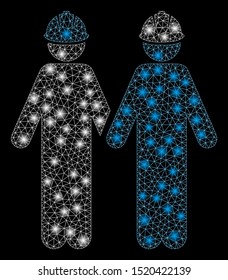 Glowing mesh workers with glare effect. Abstract illuminated model of workers icon. Shiny wire carcass triangular network workers. Vector abstraction on a black background.