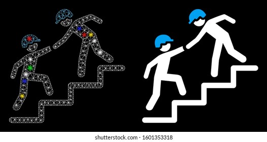 Glowing mesh workers help icon with lightspot effect. Abstract illuminated model of workers help. Shiny wire carcass triangular network workers help icon. Vector abstraction on a black background.