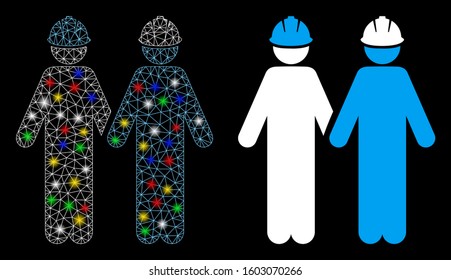 Glowing mesh workers icon with glow effect. Abstract illuminated model of workers. Shiny wire frame triangular mesh workers icon. Vector abstraction on a black background.