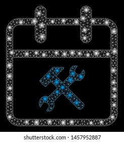 Glowing mesh working day with glitter effect. Abstract illuminated model of working day icon. Shiny wire frame triangular mesh working day. Vector abstraction on a black background.
