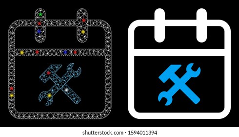 Glowing mesh working day icon with lightspot effect. Abstract illuminated model of working day. Shiny wire frame polygonal mesh working day icon. Vector abstraction on a black background.