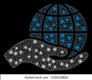 Glowing mesh world class offer hand with sparkle effect. Abstract illuminated model of world class offer hand icon. Shiny wire carcass triangular mesh world class offer hand.