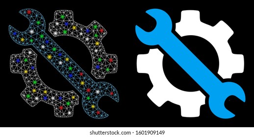 Glowing mesh wrench and gear setup tools icon with lightspot effect. Abstract illuminated model of wrench and gear setup tools. Shiny wire frame triangular mesh wrench and gear setup tools icon.