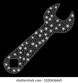 Glowing mesh wrench with glow effect. Abstract illuminated model of wrench icon. Shiny wire frame polygonal network wrench. Vector abstraction on a black background.