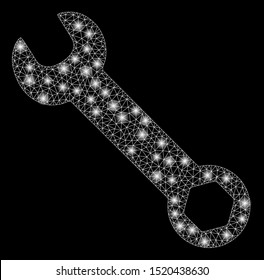 Glowing mesh wrench with glow effect. Abstract illuminated model of wrench icon. Shiny wire carcass triangular mesh wrench. Vector abstraction on a black background.